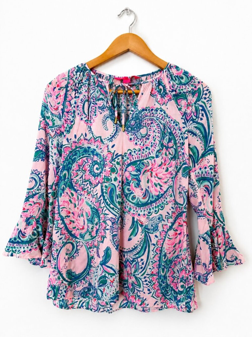 Lilly Pulitzer Paisley Boho Peasant Blouse Size XS 100% Rayon Coastal Chic Beach